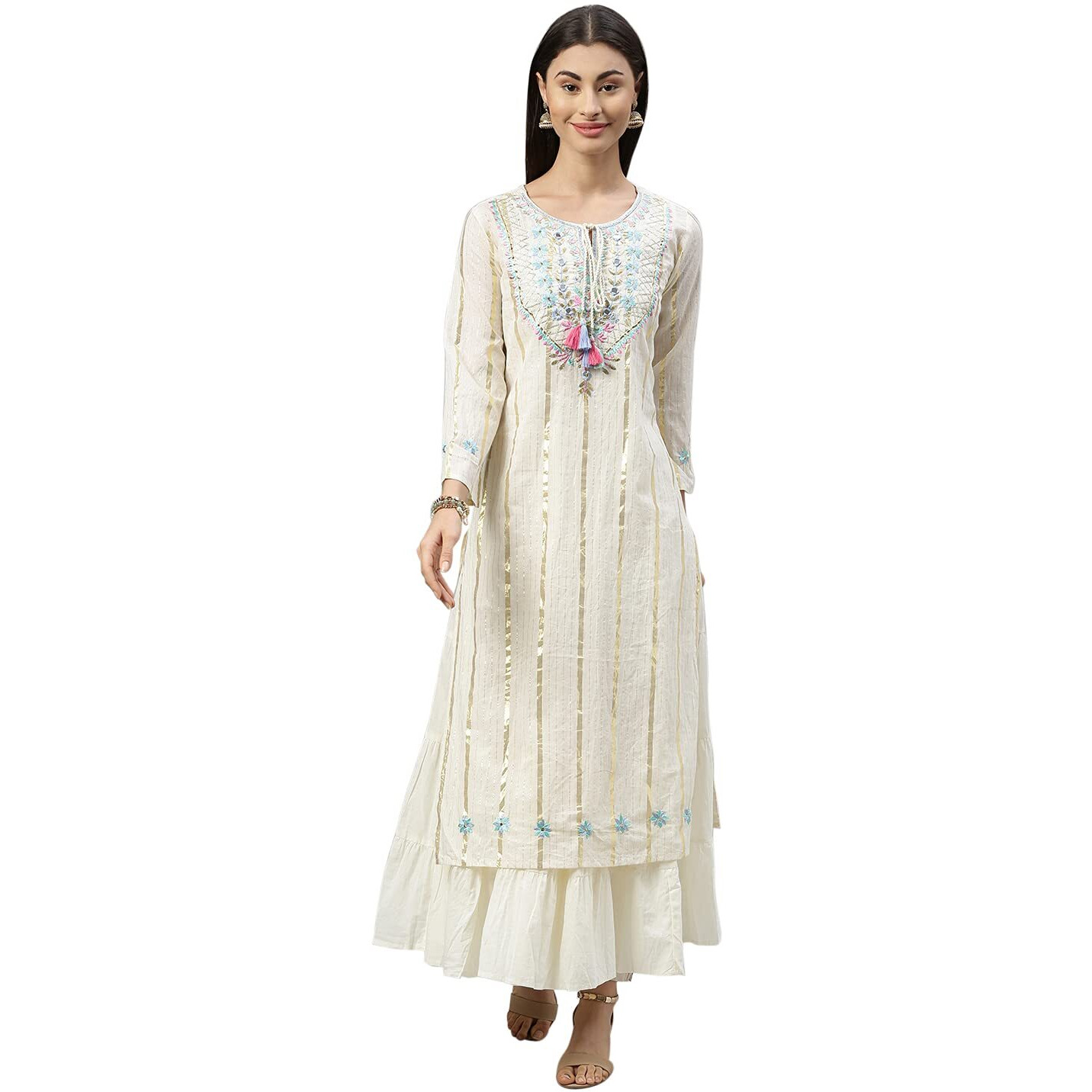 Ishin Women's Cotton Anarkali Embellished Kurta Kprammp-5095_L_Off White