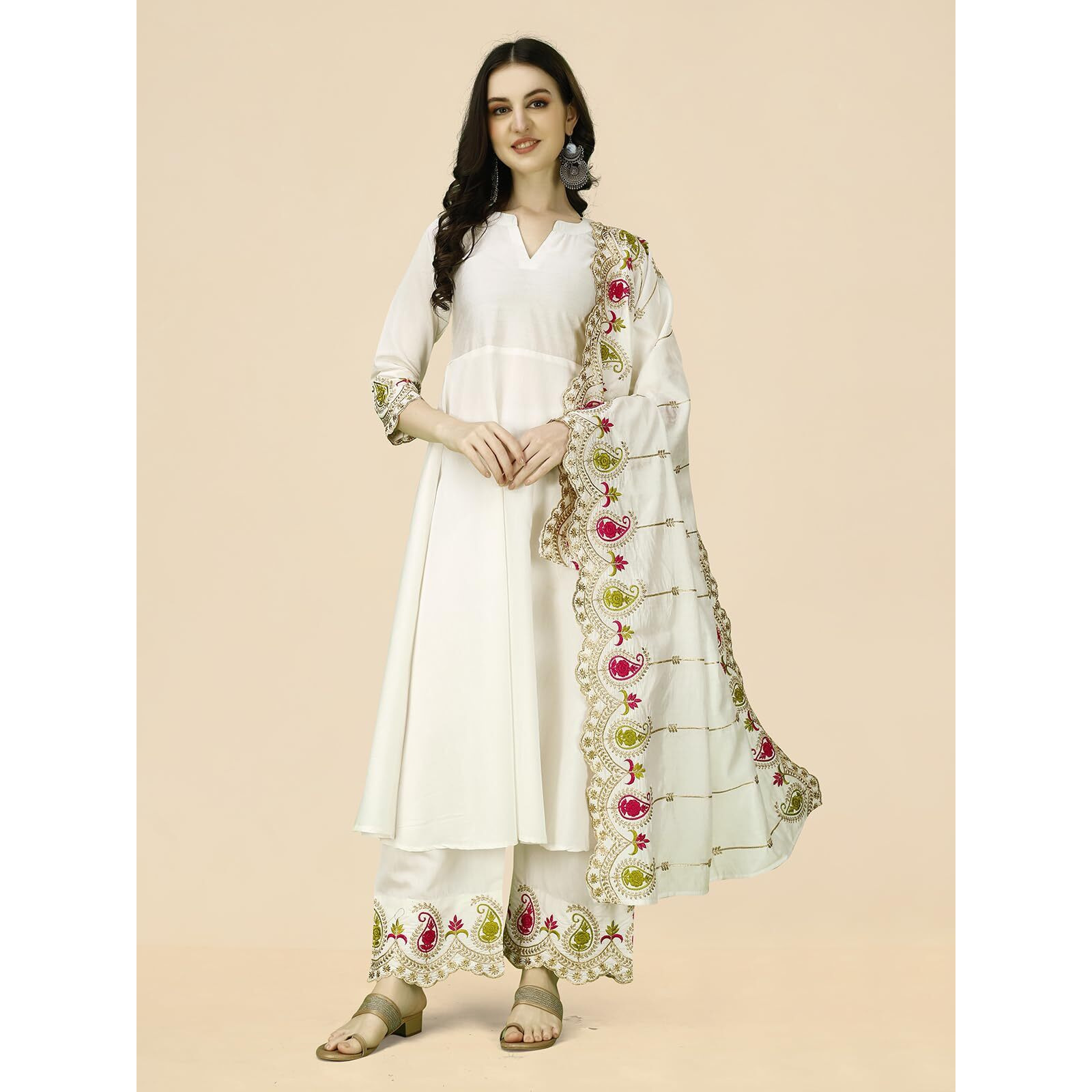 Pratham Blue Women's Silk Embroidered Anarkali Kurta With Palazzos And Dupatta (Pb-6146-Xl_White)