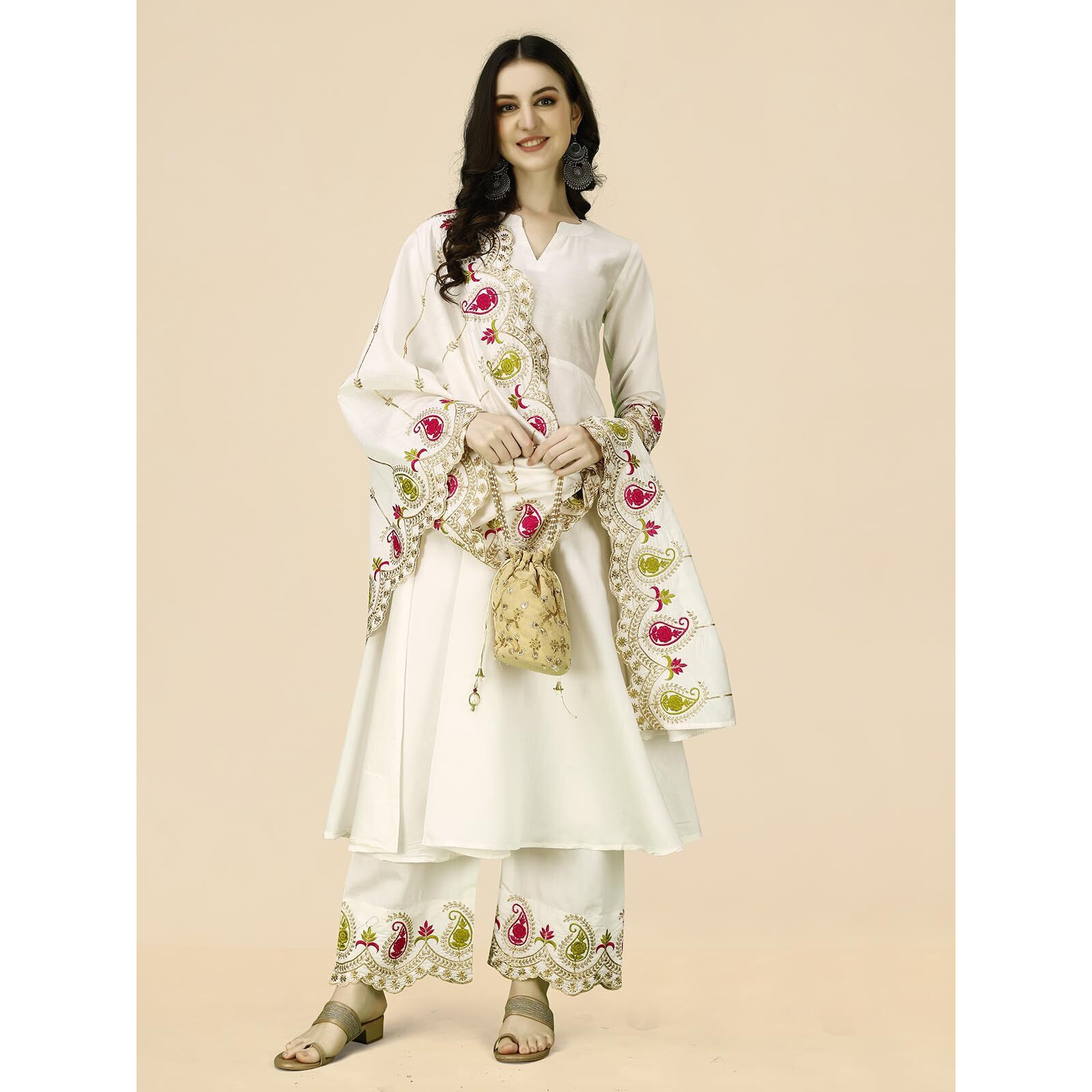 Pratham Blue Women's Silk Embroidered Anarkali Kurta With Palazzos And Dupatta (Pb-6146-Xl_White)