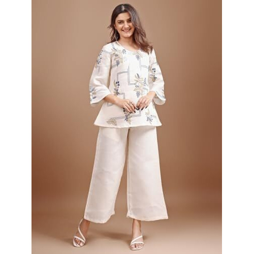 Womanista Women's Off White Colour Linen Contrast Thread Embroidery Top With Palazzo Set(Co-Ords_9066_M)