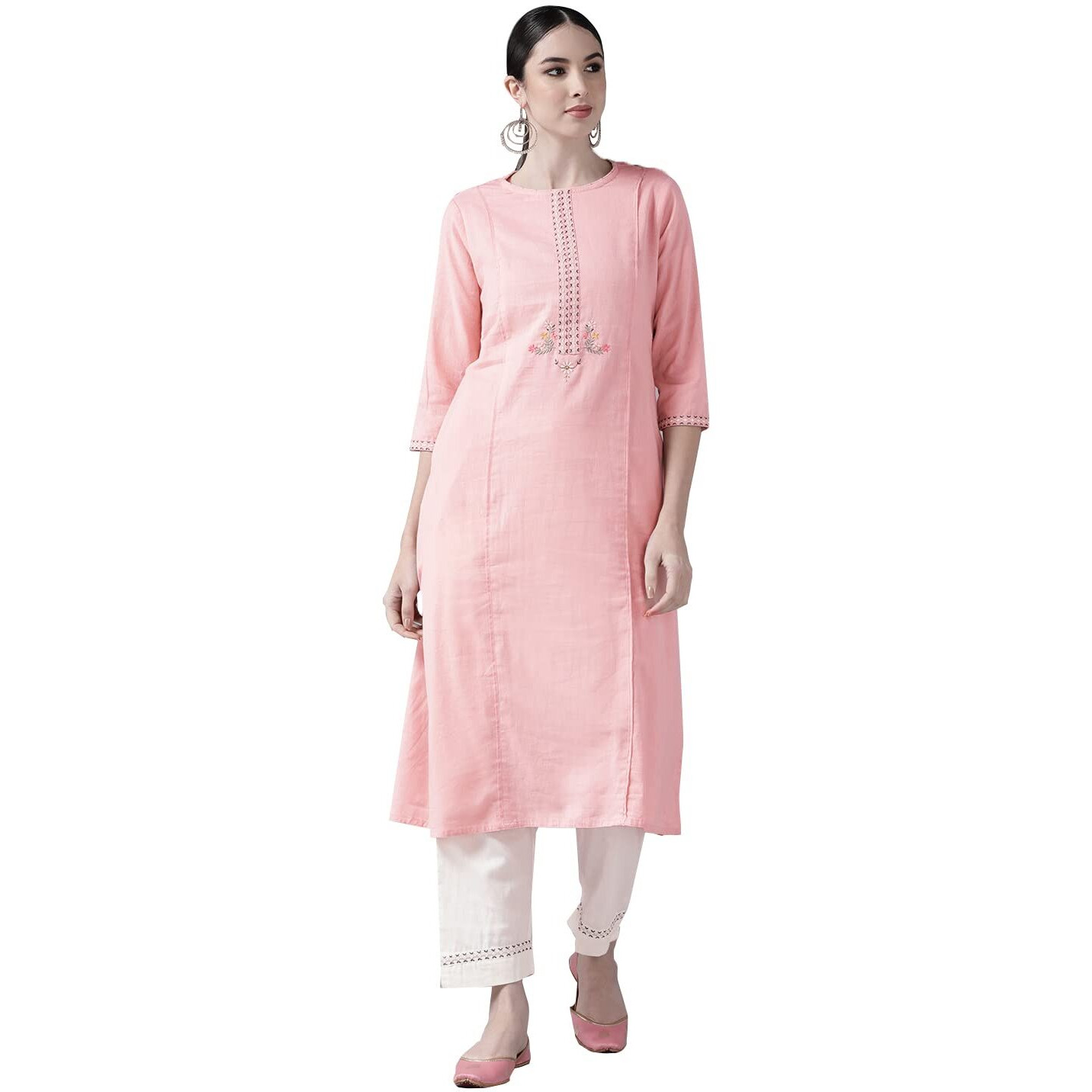 Ishin Women's Cotton Blend Embroidered A-Line Kurta Suit Set With Pants Kplpm-12089_S_Pink & White