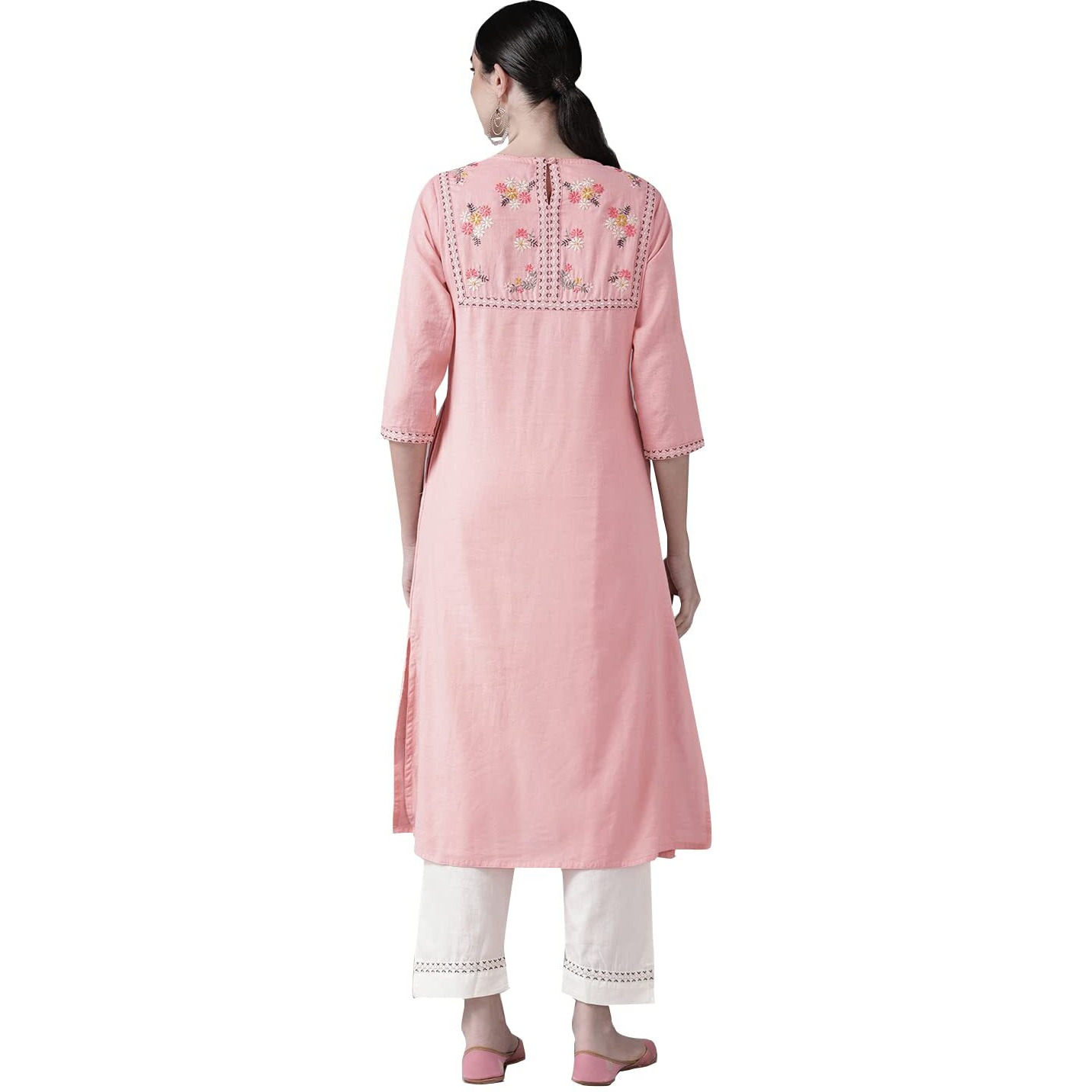 Ishin Women's Cotton Blend Embroidered A-Line Kurta Suit Set With Pants Kplpm-12089_S_Pink & White