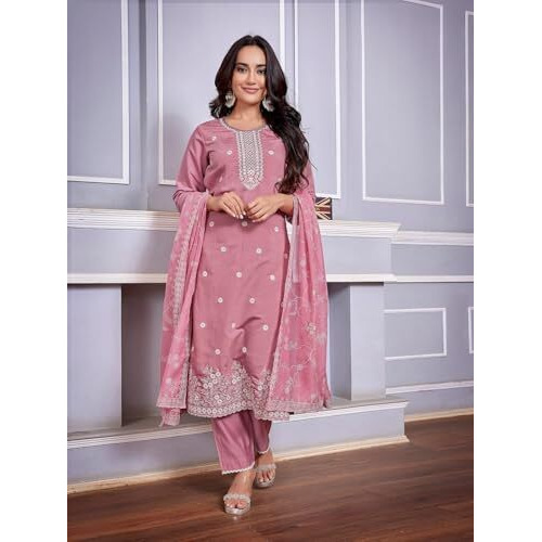 Shienzy Women's Embroidered Work Chanderi Kurta & Pant With Dupatta || Straight Kurta Outfits || Ethnic Set(1655_Pnk_Xxl)