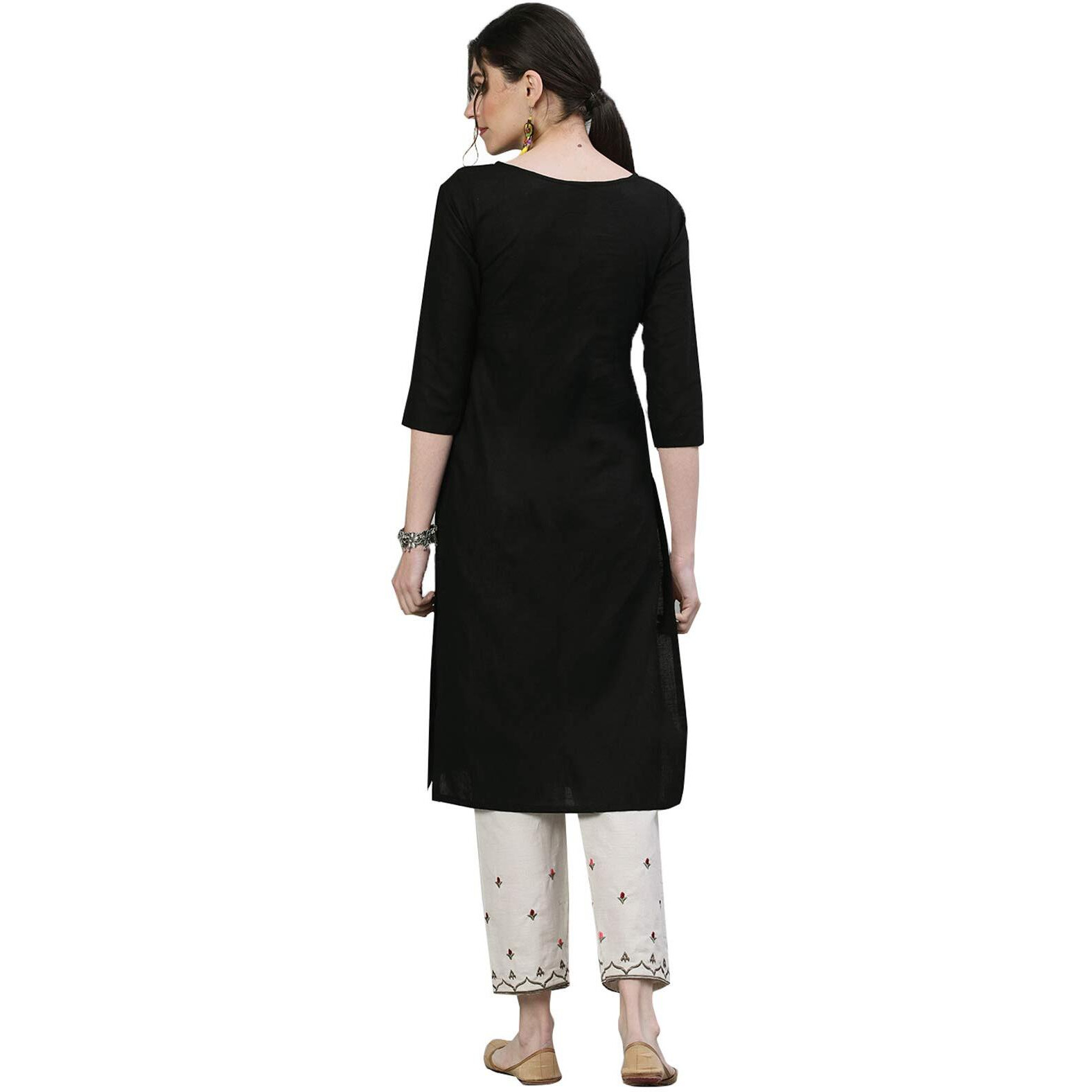 Ishin Women's Cotton Black & Off White Embroidered Straight Kurta Trouser Set