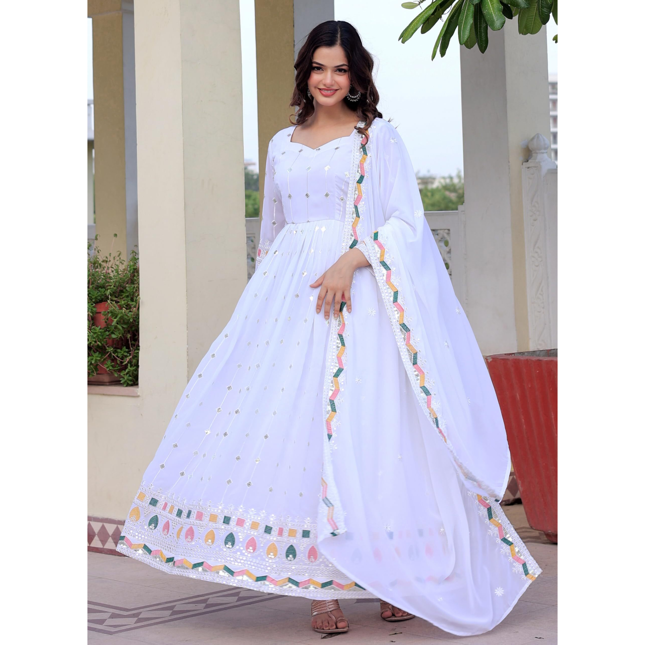 Fashion Basket White Sequence Embroidered Anarkali Set (Large)