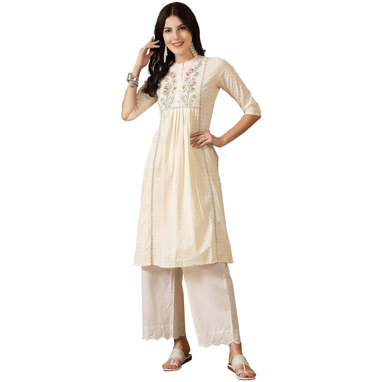 Stylum Women's Cream Self Designed & Embroidered Cotton A-Line Kurta (Creamdove44_Cream, Xxl)