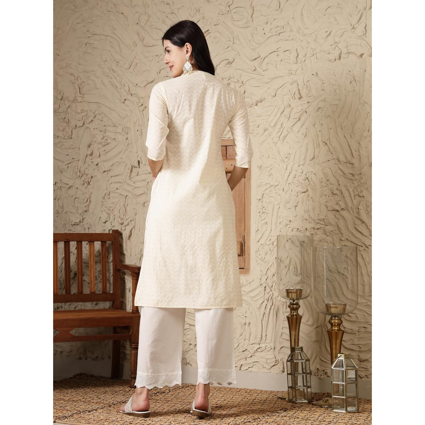 Stylum Women's Cream Self Designed & Embroidered Cotton A-Line Kurta (Creamdove44_Cream, Xxl)