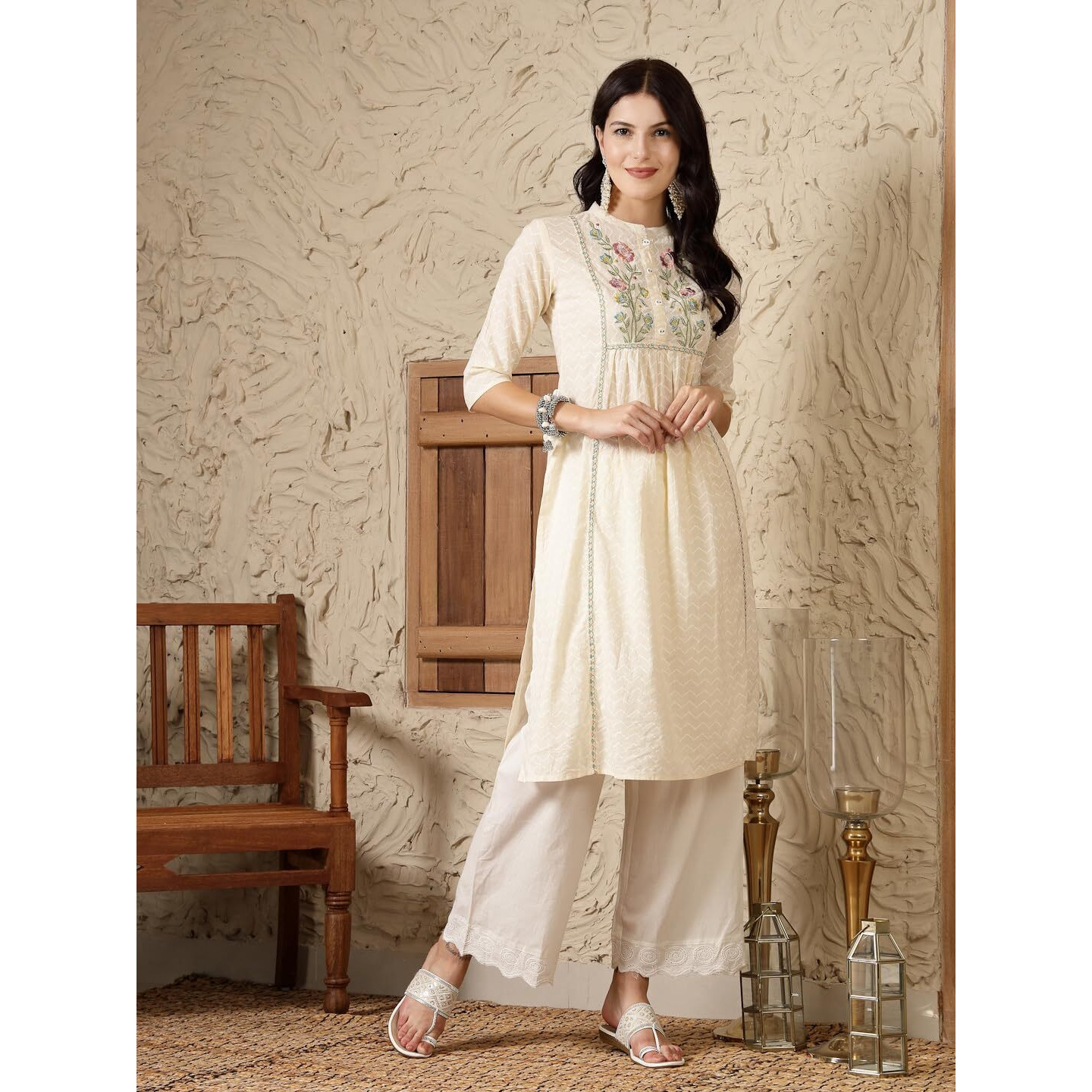 Stylum Women's Cream Self Designed & Embroidered Cotton A-Line Kurta (Creamdove44_Cream, Xxl)