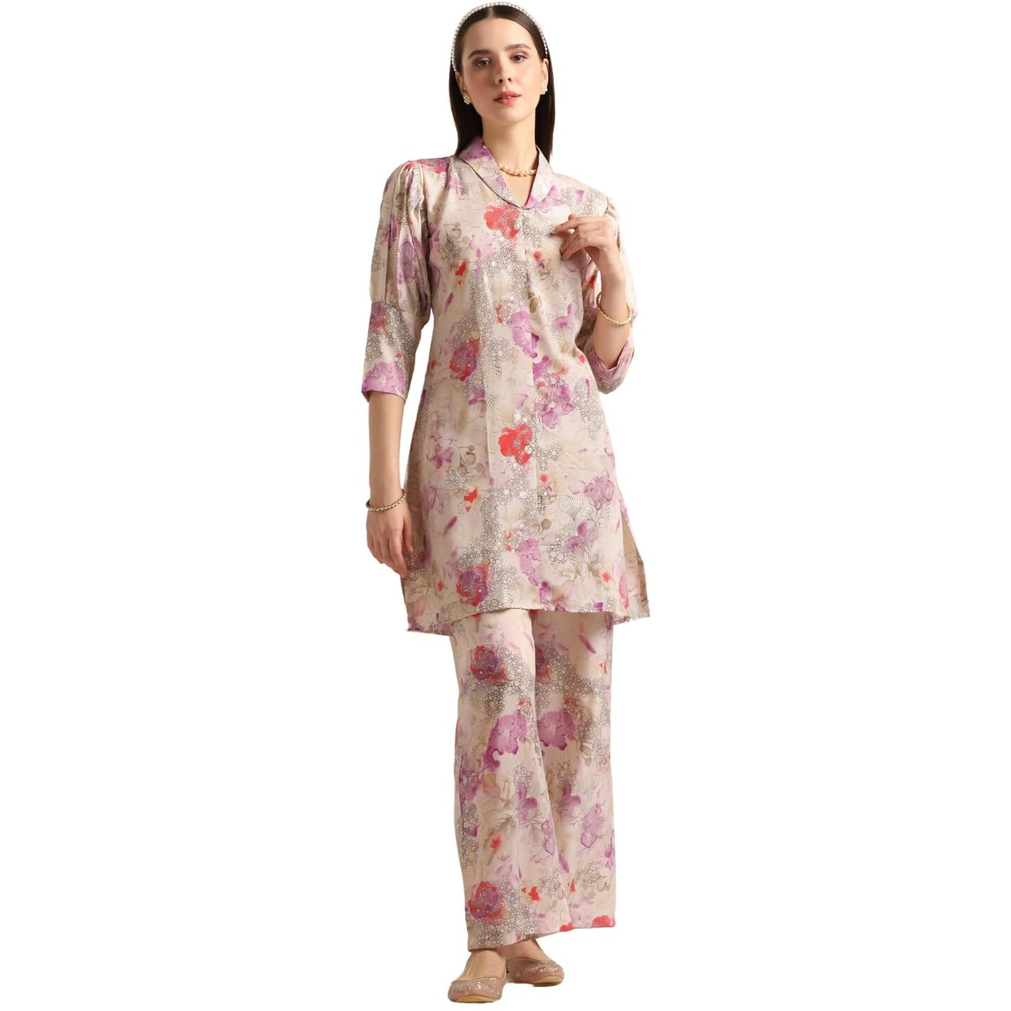 Leriya Fashion Soft Cotton Blend Floral Foil Print Puff Sleeve Shawl Collar Straight Kurta Pant Set For Women Causal Festival Office Shopping Outing Wear For Girls Ethnic Co Ord Set (Small, Purple)