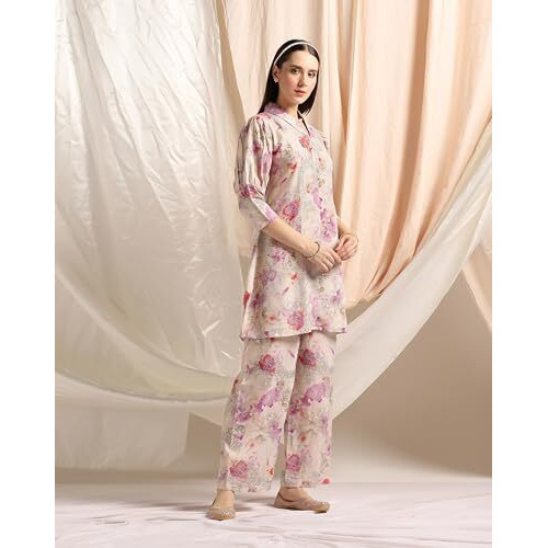 Leriya Fashion Soft Cotton Blend Floral Foil Print Puff Sleeve Shawl Collar Straight Kurta Pant Set For Women Causal Festival Office Shopping Outing Wear For Girls Ethnic Co Ord Set (Small, Purple)