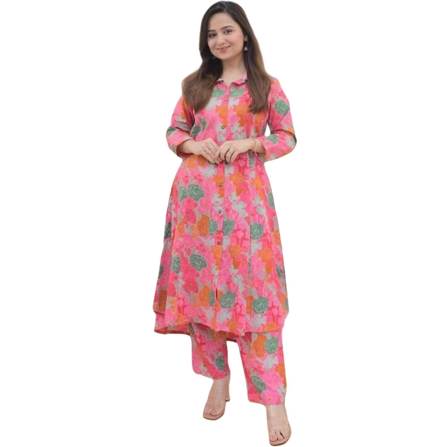 Greciilooks Women's Rayon Floral Regular Fit Kurta Set (Gl-W1826_Pink 01_S)