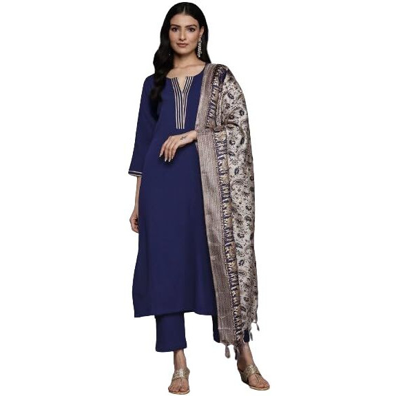 Varanga Women's Silk Crepe Solid Regular Kurta - Navy Blue - Elegant & Comfortable (Double Extra Large)