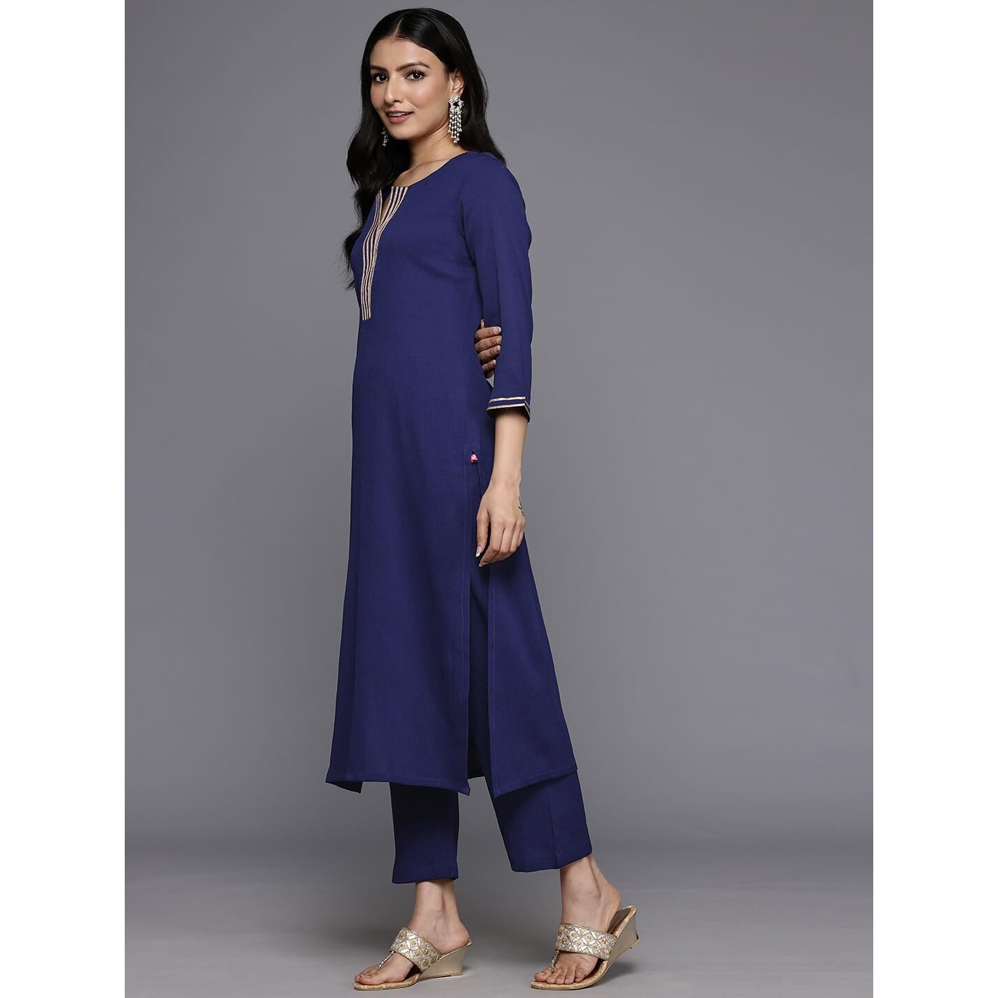 Varanga Women's Silk Crepe Solid Regular Kurta - Navy Blue - Elegant & Comfortable (Double Extra Large)
