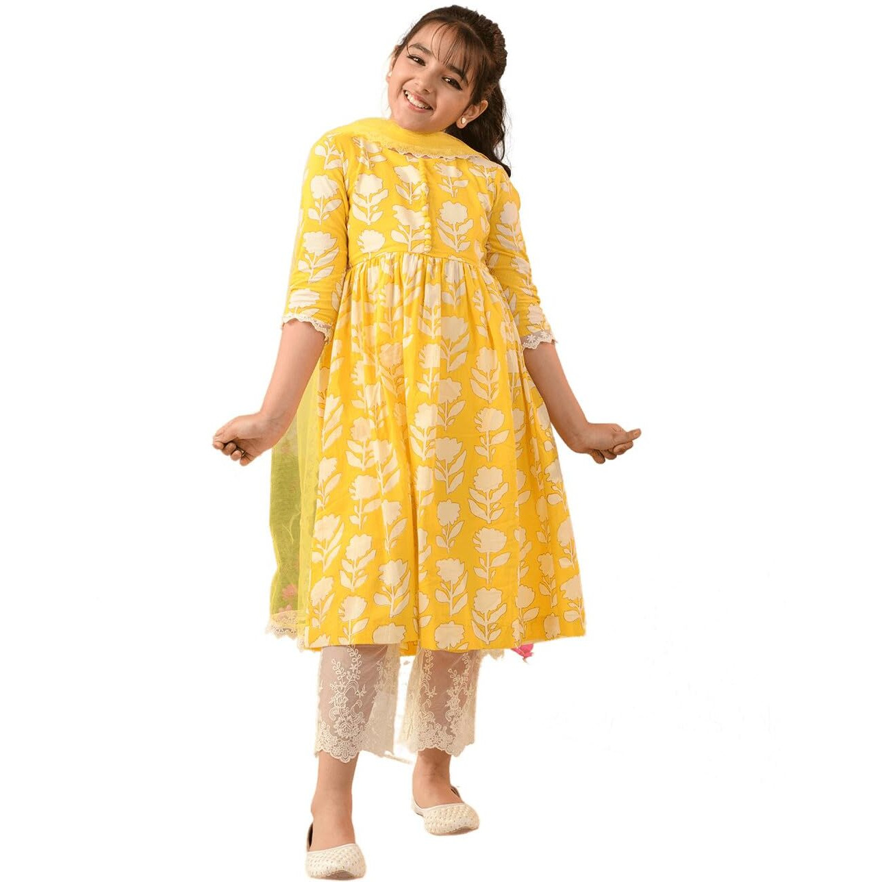 Pspeaches Girl's Cotton Kurta & Palazzo (Ks-Yellowoffwhite-5-6Y_Yellow