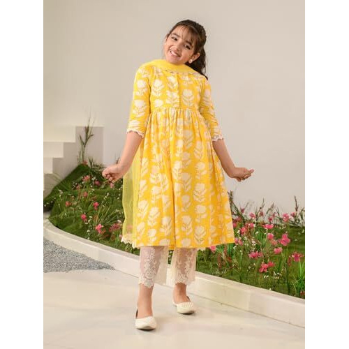 Pspeaches Girl's Cotton Kurta & Palazzo (Ks-Yellowoffwhite-5-6Y_Yellow