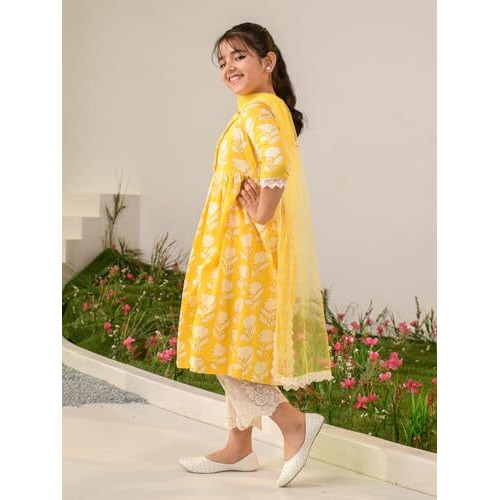 Pspeaches Girl's Cotton Kurta & Palazzo (Ks-Yellowoffwhite-5-6Y_Yellow