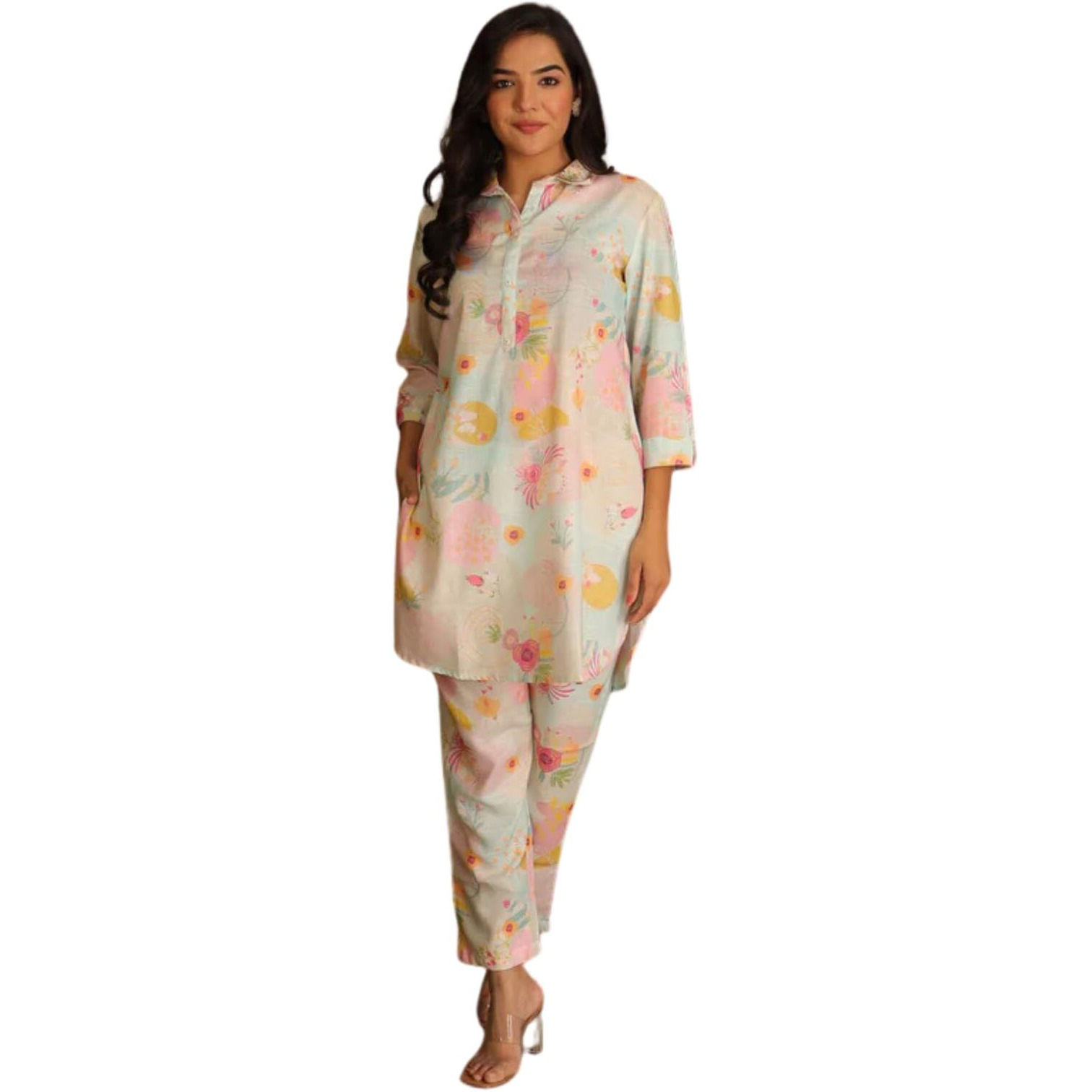 Leriya Fashion Women Ethnic Kurta Set | Rayon Co-Ord Set | Fancy Pajama Set | Pack Of 2 | Floral Printed Top & Pant Set | Full Pair Set | A-Line Kurta Set For Women | (Large, Light Pink)