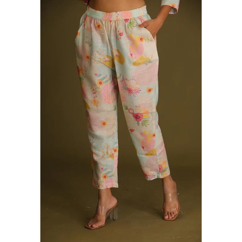 Leriya Fashion Women Ethnic Kurta Set | Rayon Co-Ord Set | Fancy Pajama Set | Pack Of 2 | Floral Printed Top & Pant Set | Full Pair Set | A-Line Kurta Set For Women | (Large, Light Pink)