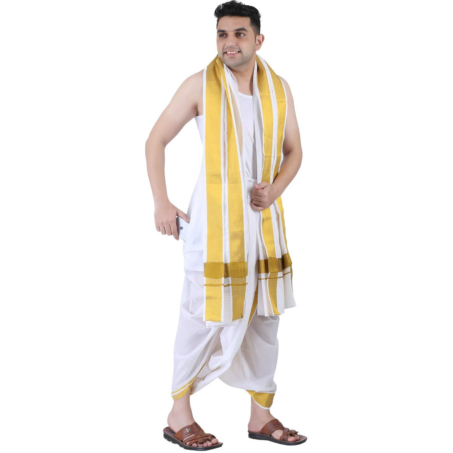 Prakasam Cotton Men's Panchakacham Stitched (Ready To Wear) Dhoti Towel Set With Pocket- Free Size (White)
