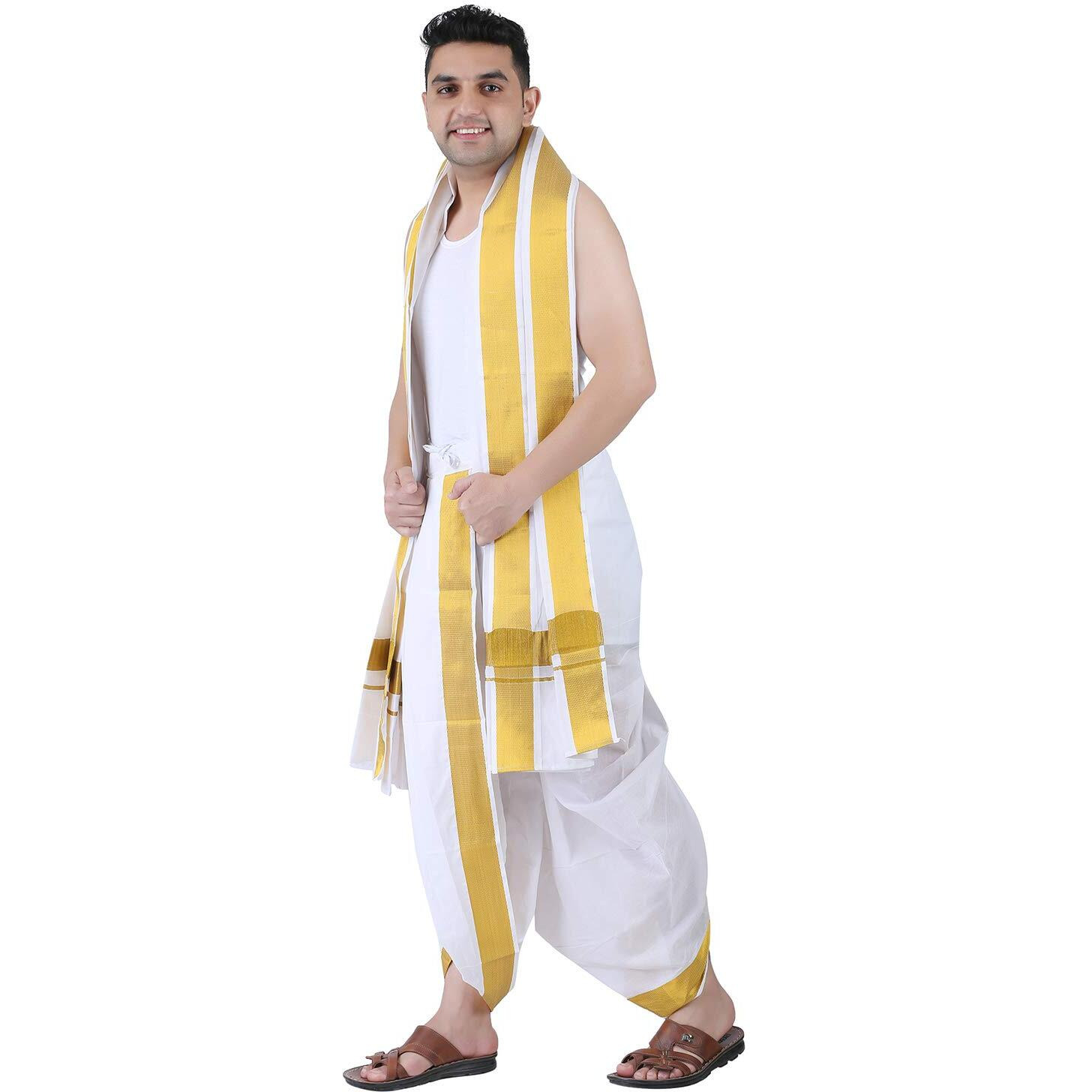 Prakasam Cotton Men's Panchakacham Stitched (Ready To Wear) Dhoti Towel Set With Pocket- Free Size (White)