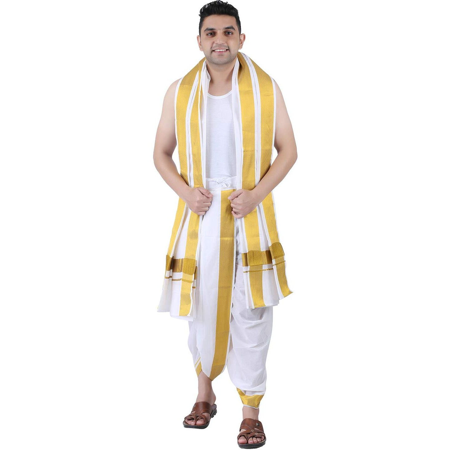 Prakasam Cotton Men's Panchakacham Stitched (Ready To Wear) Dhoti Towel Set With Pocket- Free Size (White)