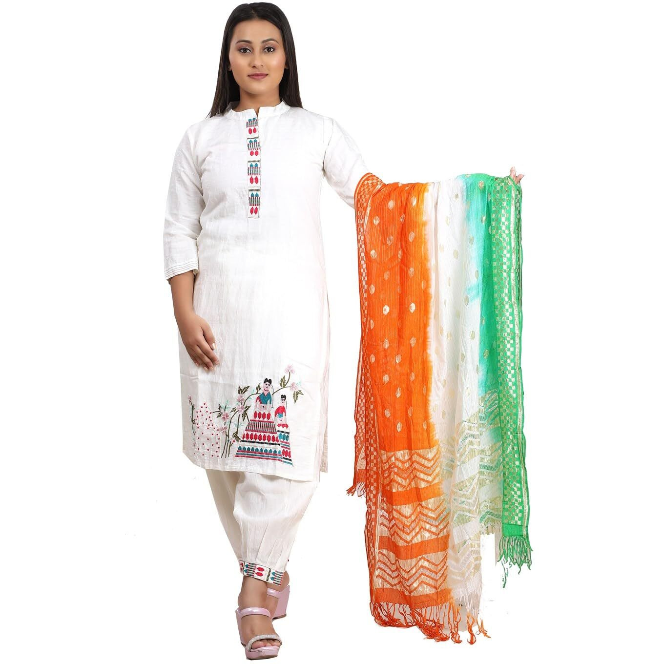 Fabme Women's Silk Tricolor/Tiranga Dupatta With Golden Work For Republic Day/Independence Day, Free Size