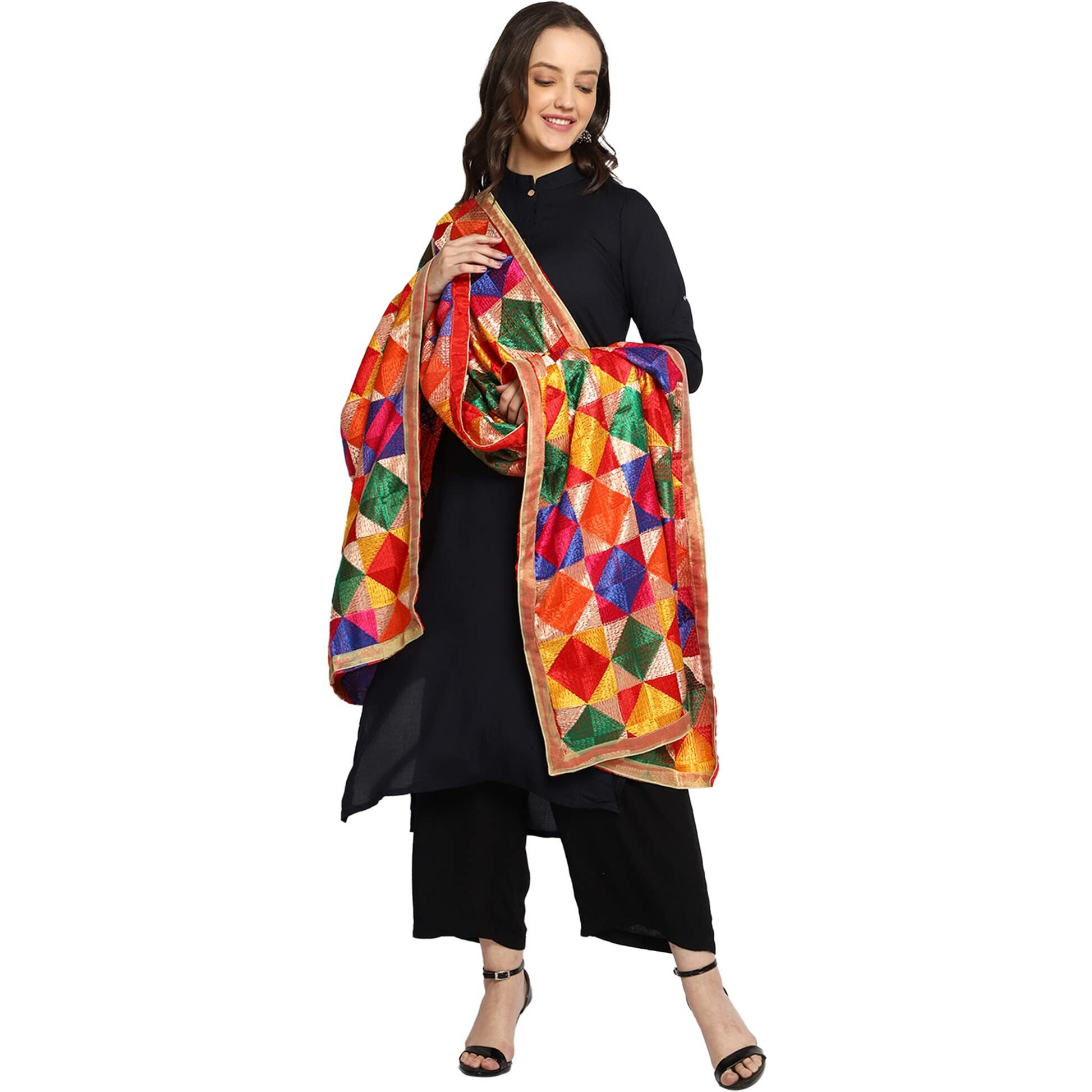Weavers Villa Women's Polyester Heavy Phulkari Embroided Dupatta, Chunni (Design-2), 2.25 Mtrs