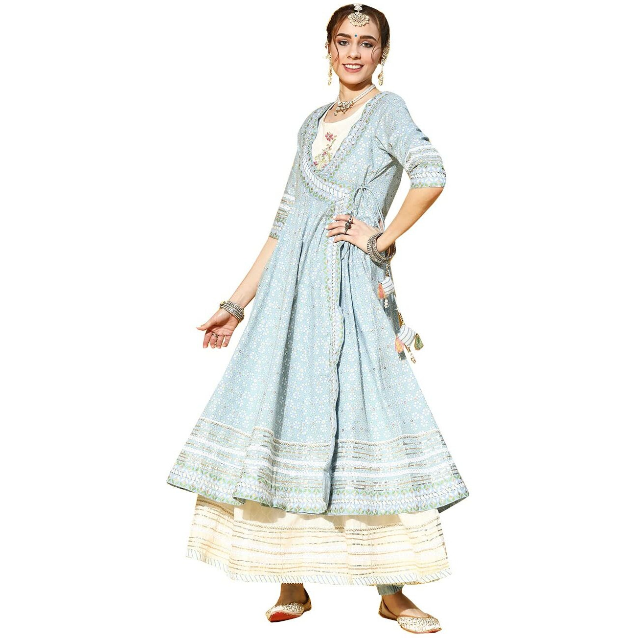 Ishin Women's Cotton Anarkali Embroidered Kurta Ksic-19055_Xxl_Blue & White