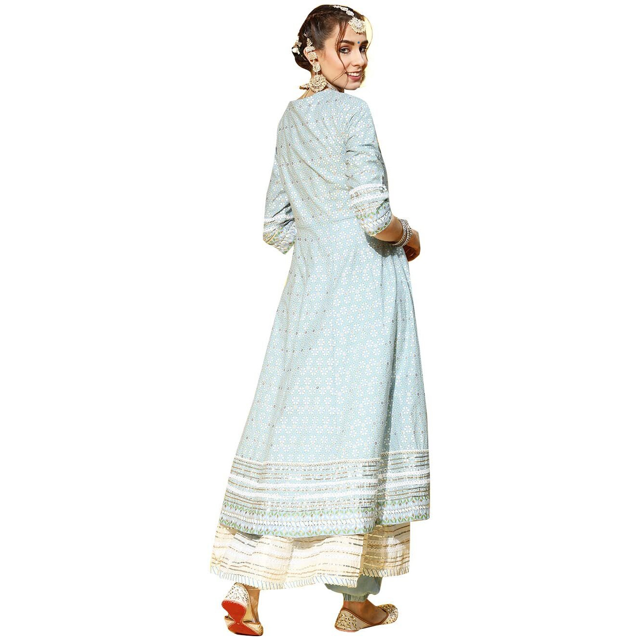 Ishin Women's Cotton Anarkali Embroidered Kurta Ksic-19055_Xxl_Blue & White