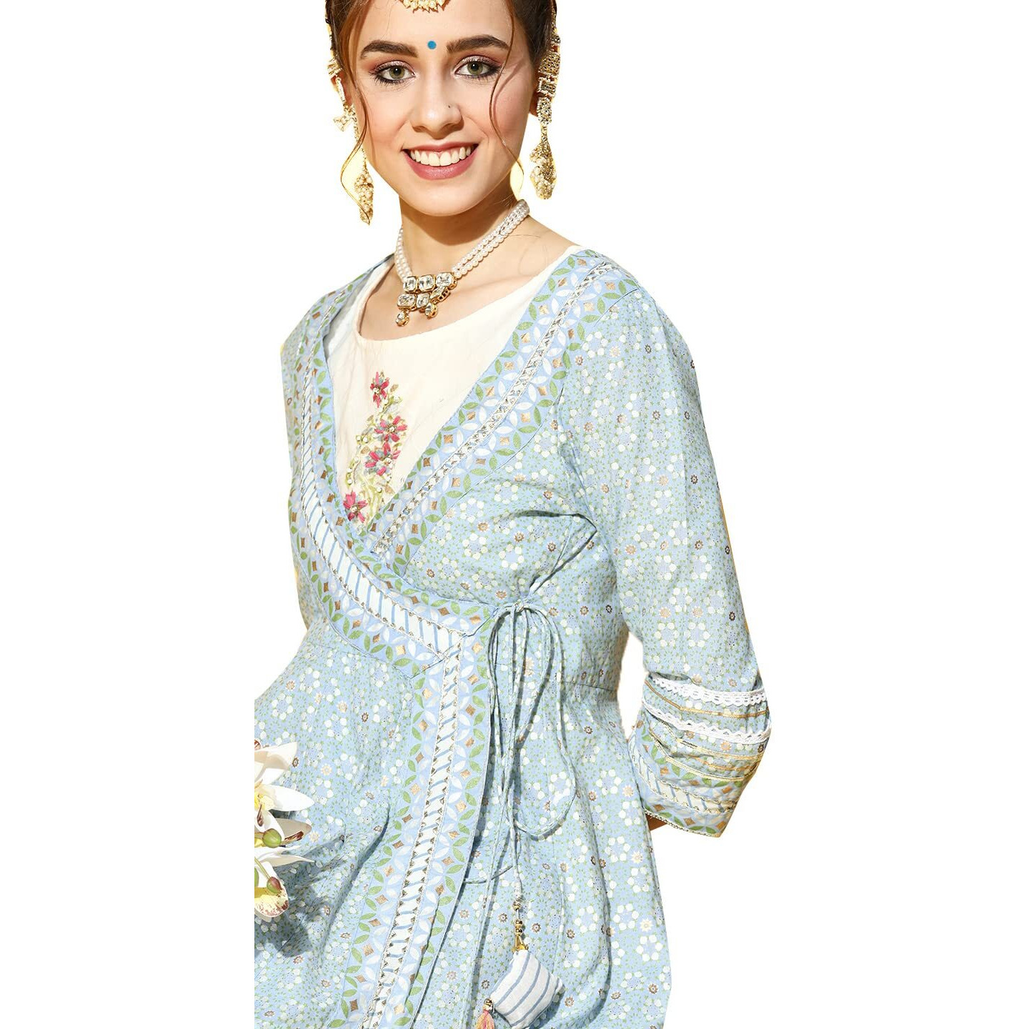 Ishin Women's Cotton Anarkali Embroidered Kurta Ksic-19055_Xxl_Blue & White