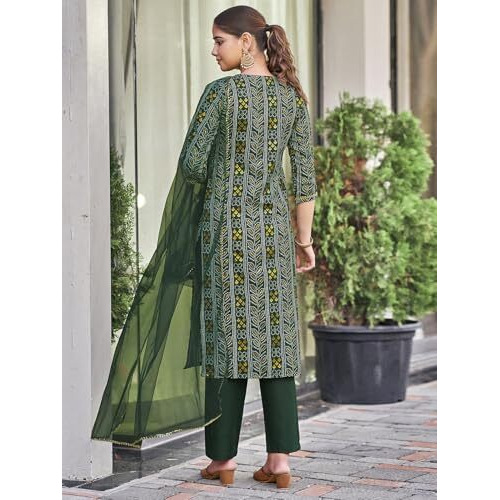 Sanisa Women's Cotton Blend Bandhani Foil Printed Sequence Embroidery Work Straight Kurta With Pant And Dupatta Set (166Kbd1784N-S_Dark Green & White)