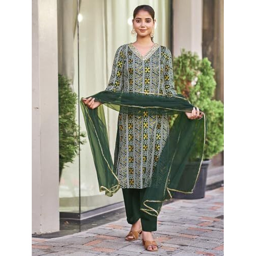 Sanisa Women's Cotton Blend Bandhani Foil Printed Sequence Embroidery Work Straight Kurta With Pant And Dupatta Set (166Kbd1784N-S_Dark Green & White)