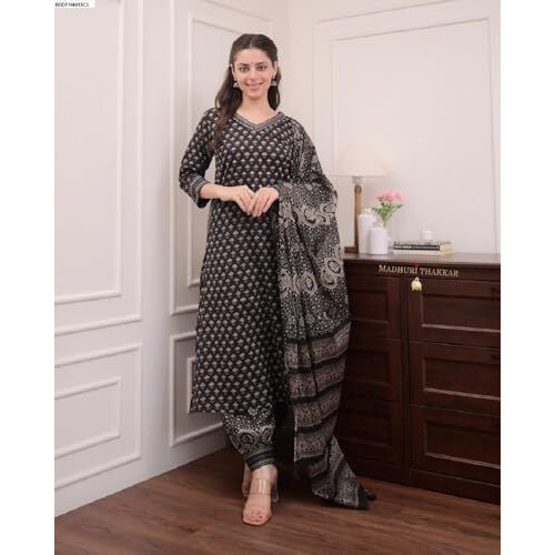 Fabnex Cotton Blend Regular Women Kurta Set (K-93-Black-L_Black