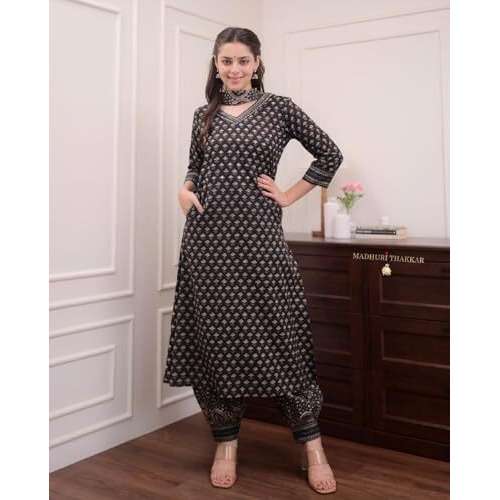 Fabnex Cotton Blend Regular Women Kurta Set (K-93-Black-L_Black