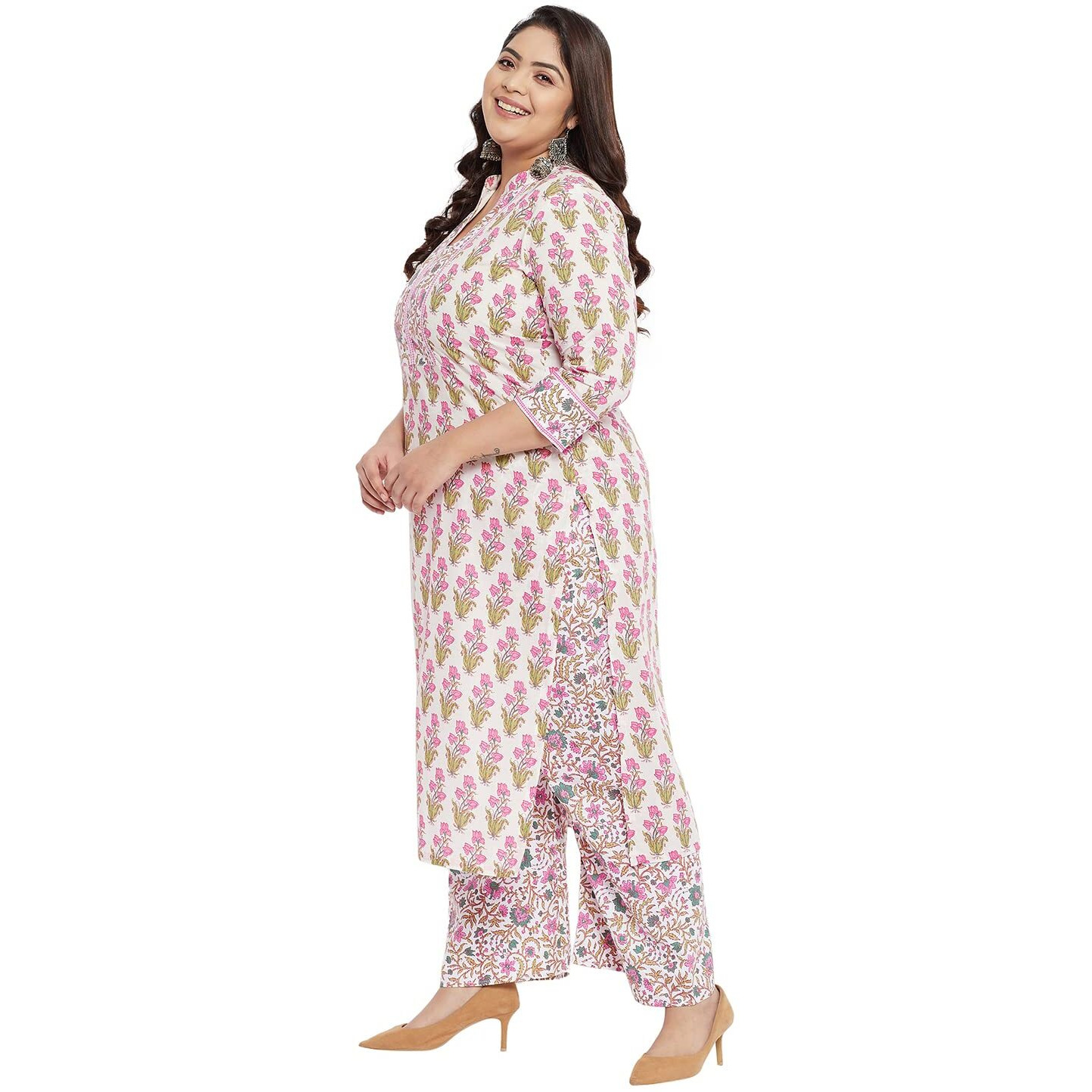 Tissu Women's Plus Size Cotton Floral Printed Kurta With Palazzo (T-Plus-604_Cream_3Xl)