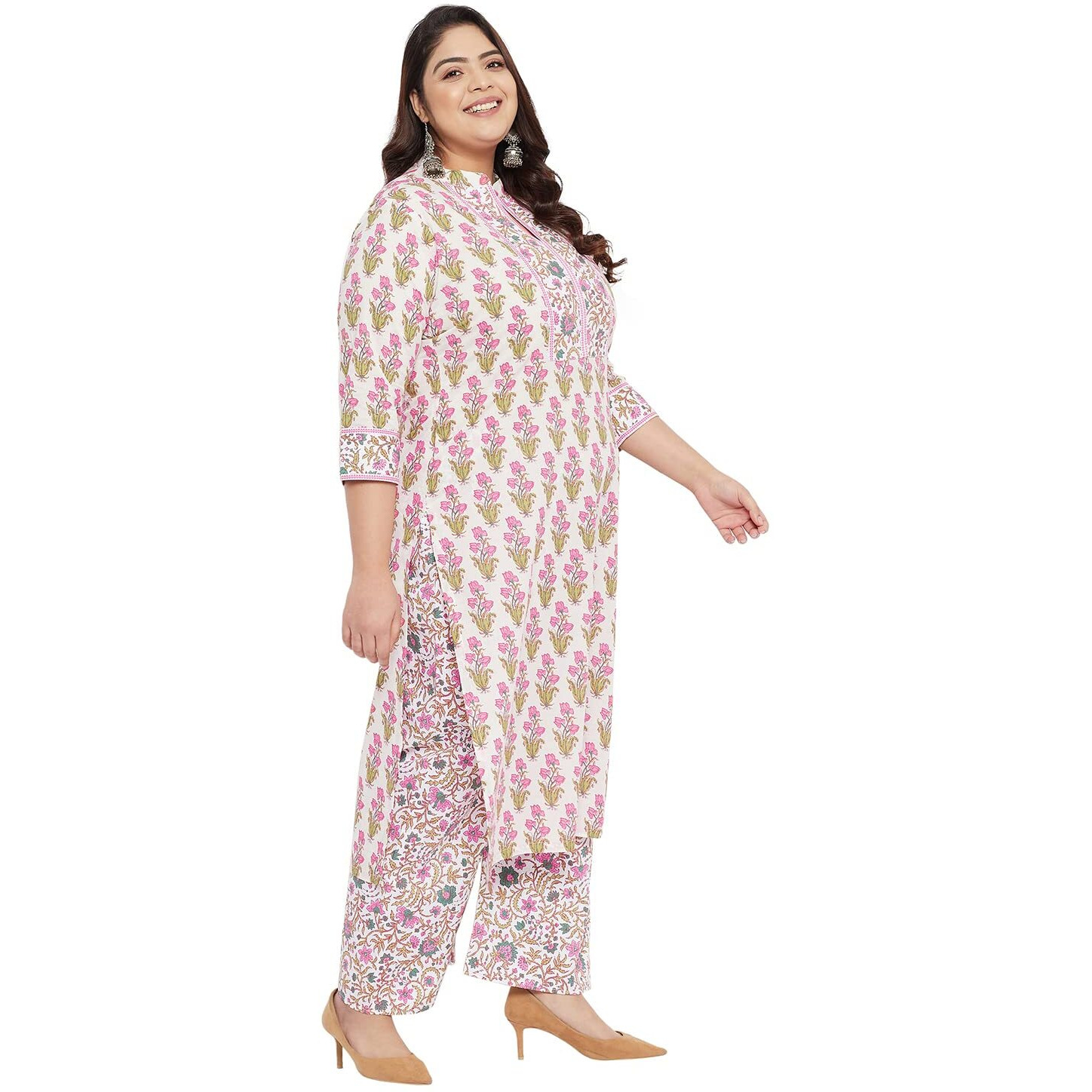 Tissu Women's Plus Size Cotton Floral Printed Kurta With Palazzo (T-Plus-604_Cream_3Xl)