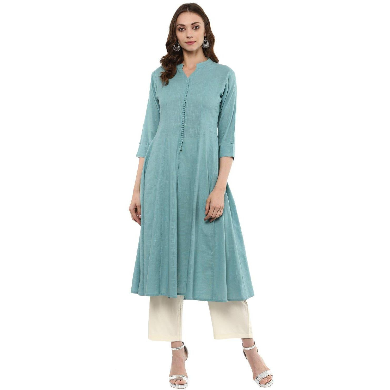 Idalia, Mandarin Collar, Chic Ethnic Look, Anarkali Dress, Anarkali Suit Dress, Cotton Kurta Set With 3/4 Sleeves, Knee-Length, Breathable Fabric