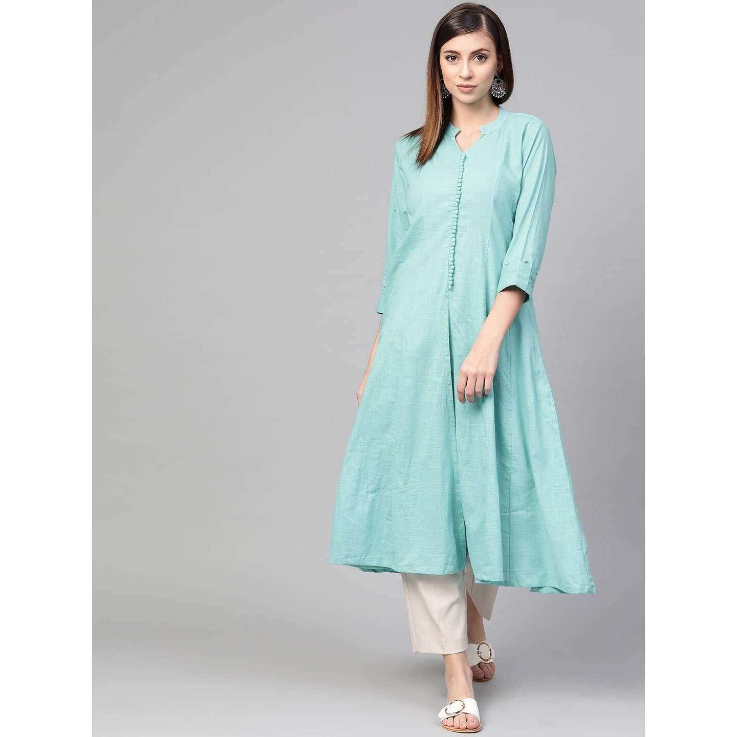 Idalia, Mandarin Collar, Chic Ethnic Look, Anarkali Dress, Anarkali Suit Dress, Cotton Kurta Set With 3/4 Sleeves, Knee-Length, Breathable Fabric