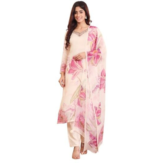 Varanga Women Off White Rhinestone Embroidered Straight Kurta With Trousers And Dupatta.