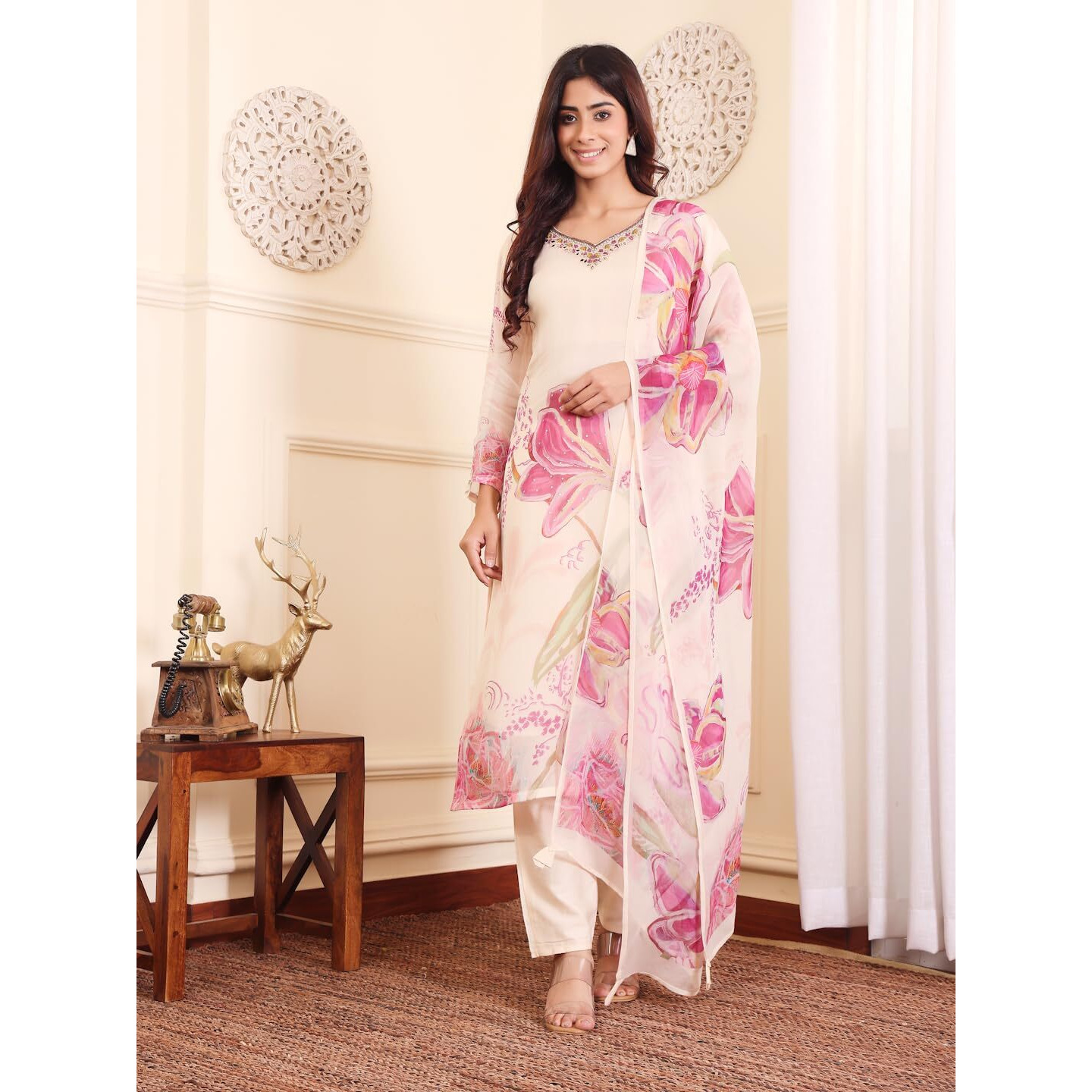 Varanga Women Off White Rhinestone Embroidered Straight Kurta With Trousers And Dupatta.