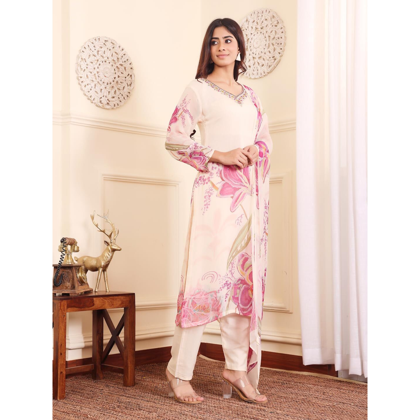 Varanga Women Off White Rhinestone Embroidered Straight Kurta With Trousers And Dupatta.