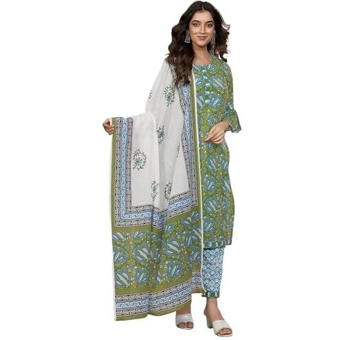 Sanisa Women's Rayon Blend Floral Printed Straight Kurta With Pant And Dupatta Set (181Kbd1932N-L_Green & Blue & White)