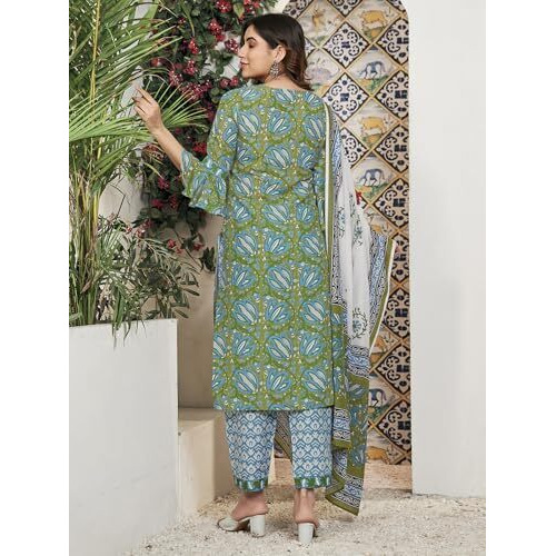 Sanisa Women's Rayon Blend Floral Printed Straight Kurta With Pant And Dupatta Set (181Kbd1932N-L_Green & Blue & White)