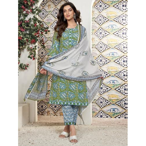 Sanisa Women's Rayon Blend Floral Printed Straight Kurta With Pant And Dupatta Set (181Kbd1932N-L_Green & Blue & White)