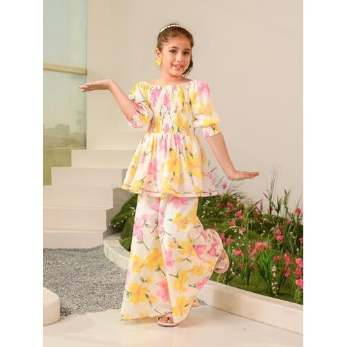Pspeaches Girl's Cotton Kurta & Palazzo (Ks-Offwhiteyellow-10-12Y_Offwhite
