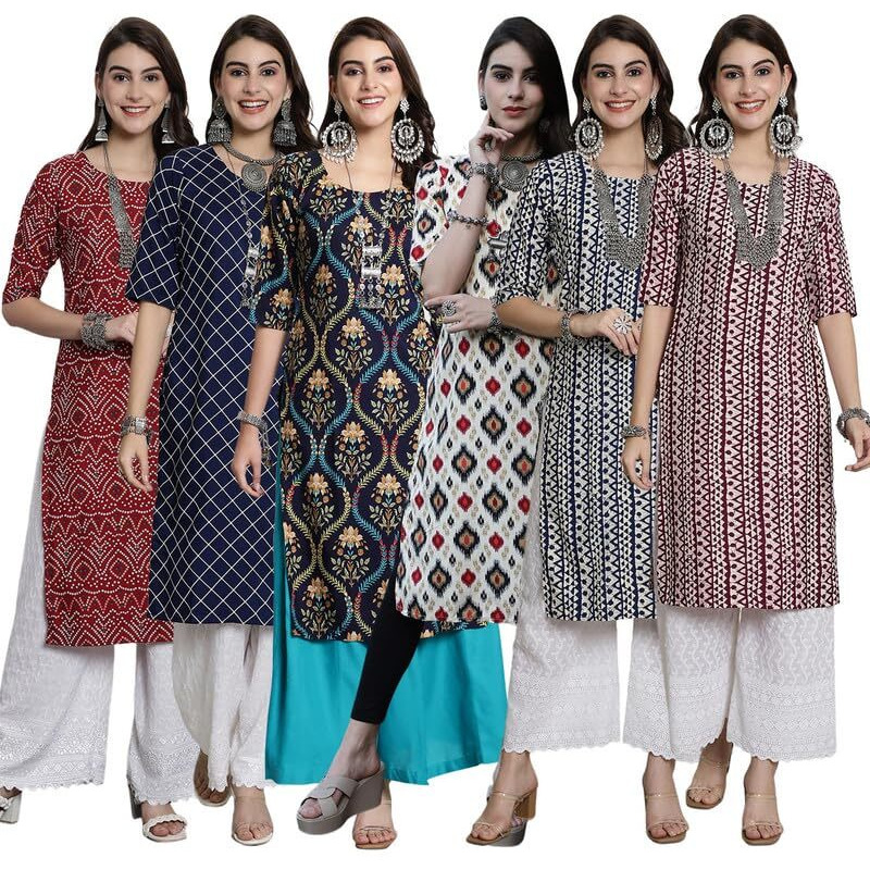 Tee Projekt Crepe Verstaile Straight Printed Kurti For Women's Ll Casual Wear Kurti (Pack Of 6)