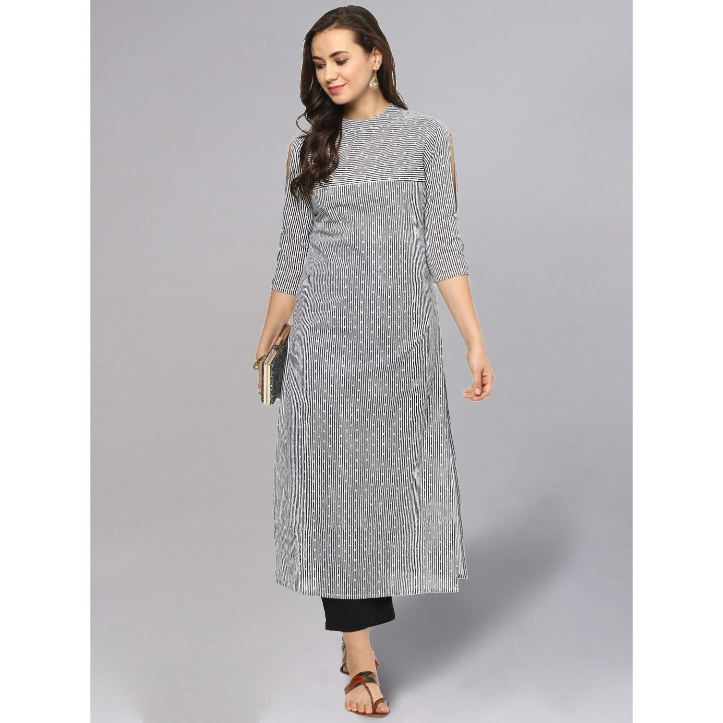 Idalia Black And White Dotted Stripes Straight Cotton Kurta For Women