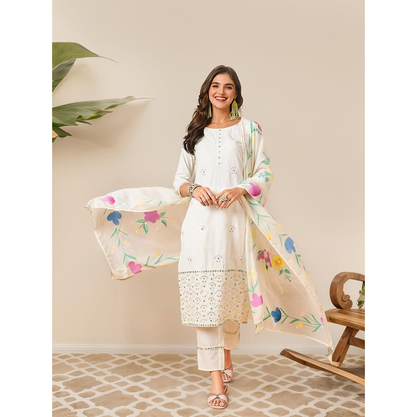 Ishin Hand Painted Floral Kurta With Pants And Dupatta/