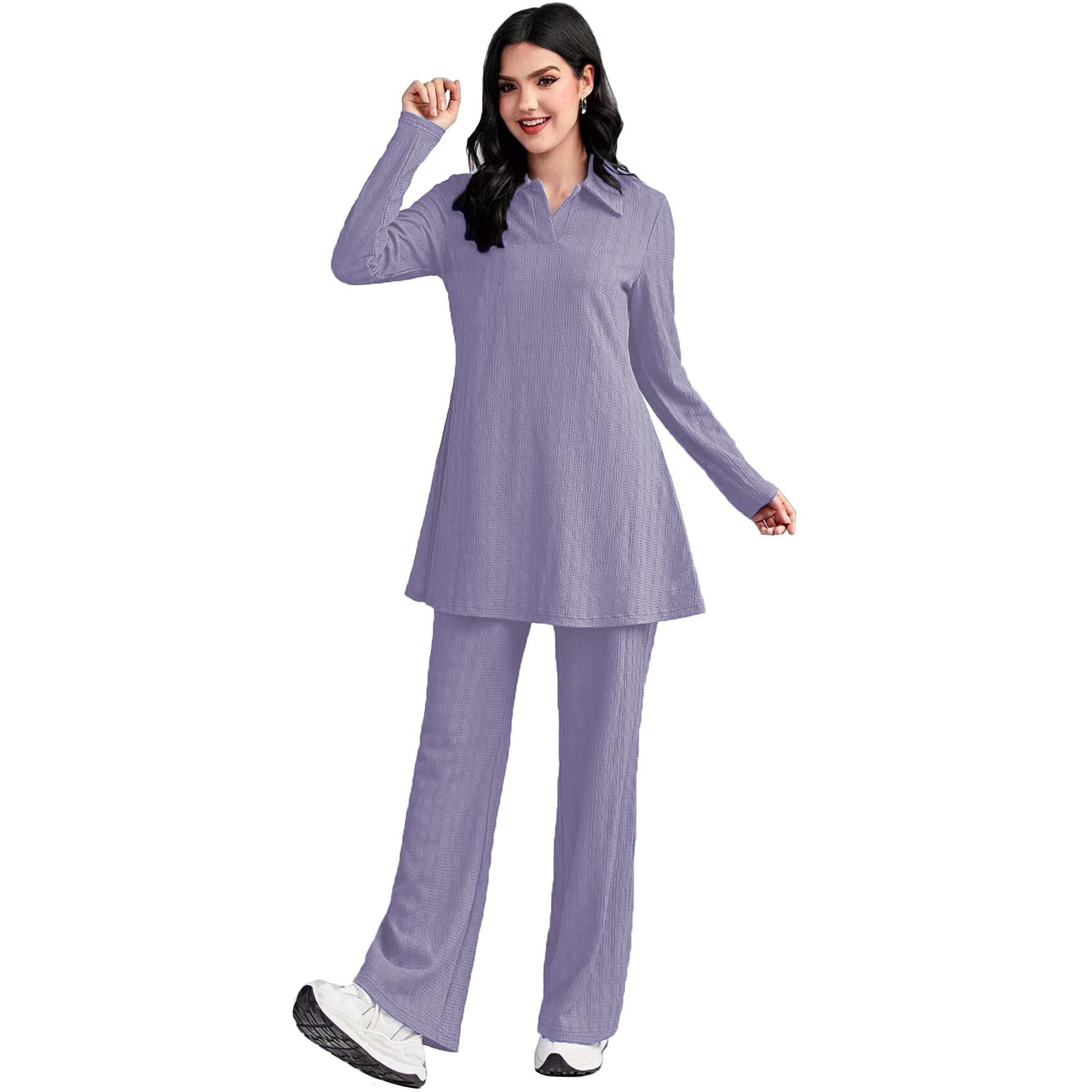 Tadkee Women's Solid Color Two-Piece Set | Long Sleeve Top & Wide Leg Pants Co-Ord Set | Casual Wear Co Ord Set (Fn-Full-Sleeve-Cord-125-Purple-L)