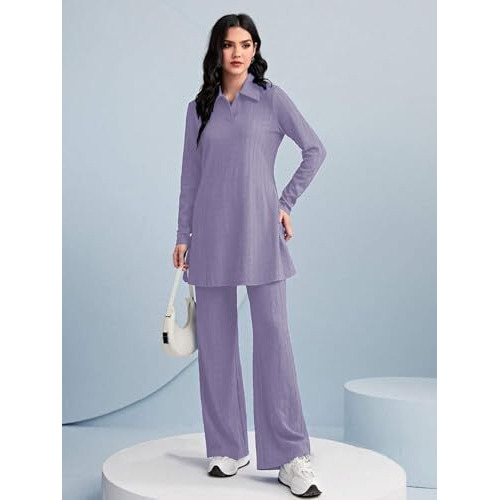 Tadkee Women's Solid Color Two-Piece Set | Long Sleeve Top & Wide Leg Pants Co-Ord Set | Casual Wear Co Ord Set (Fn-Full-Sleeve-Cord-125-Purple-L)